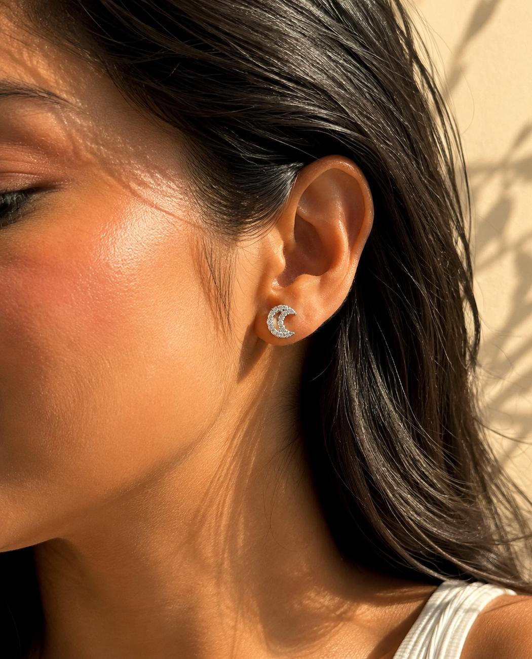 Anti Tarnish Crescent Moon Ball Back Studs - Silver Ear View 2