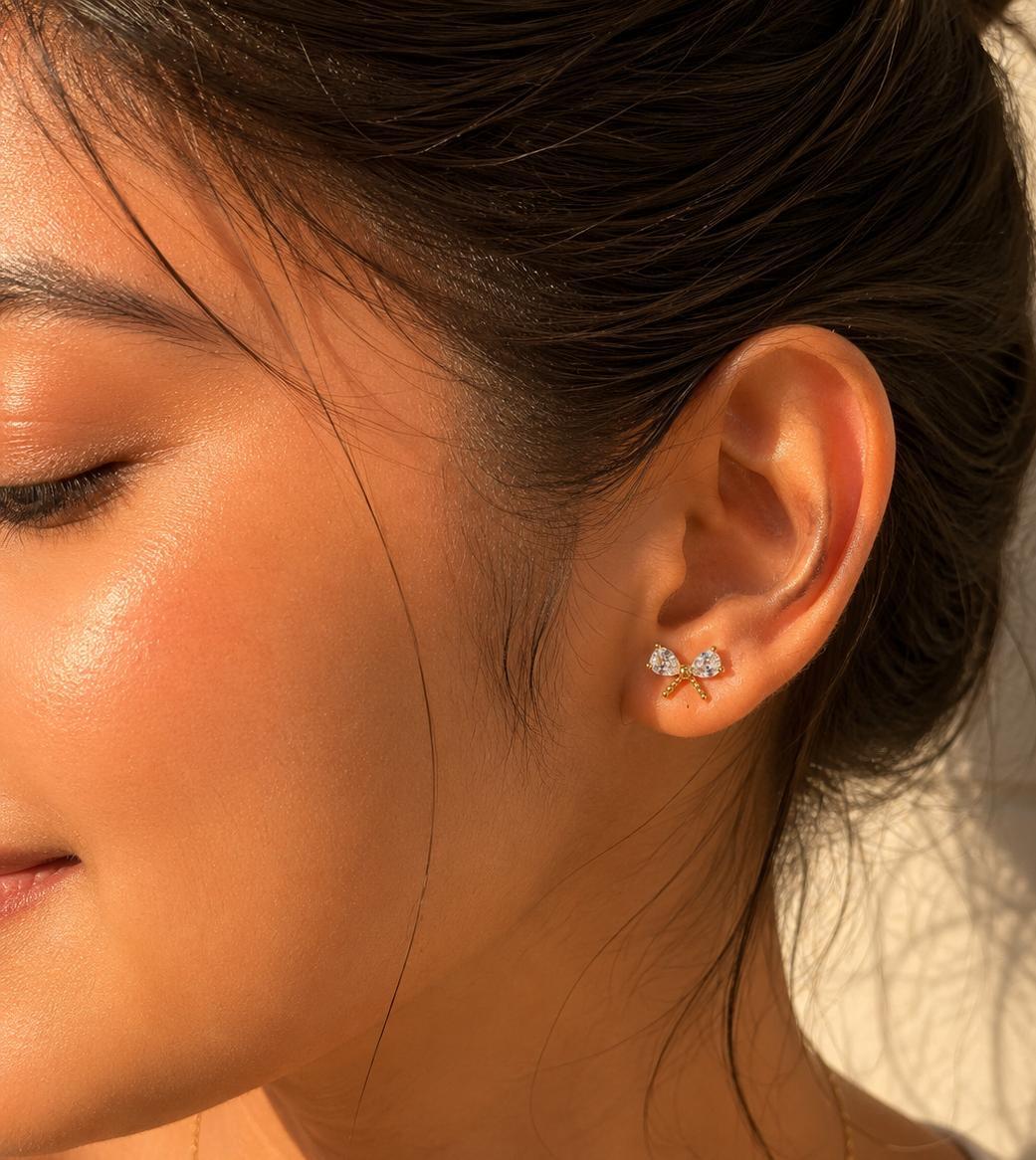 Anti Tarnish Crystal Bow Ball Back Studs - Ear View