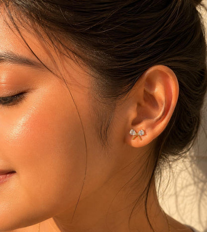 Anti Tarnish Crystal Bow Ball Back Studs - Ear View