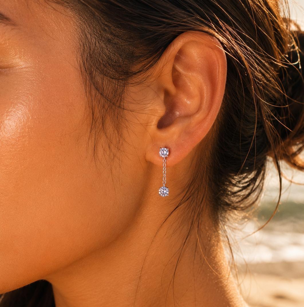 Anti Tarnish Crystal Drop Ball Back Studs - Ear View