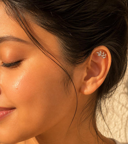 Anti Tarnish Floral Branch Ball Back Studs - Ear View