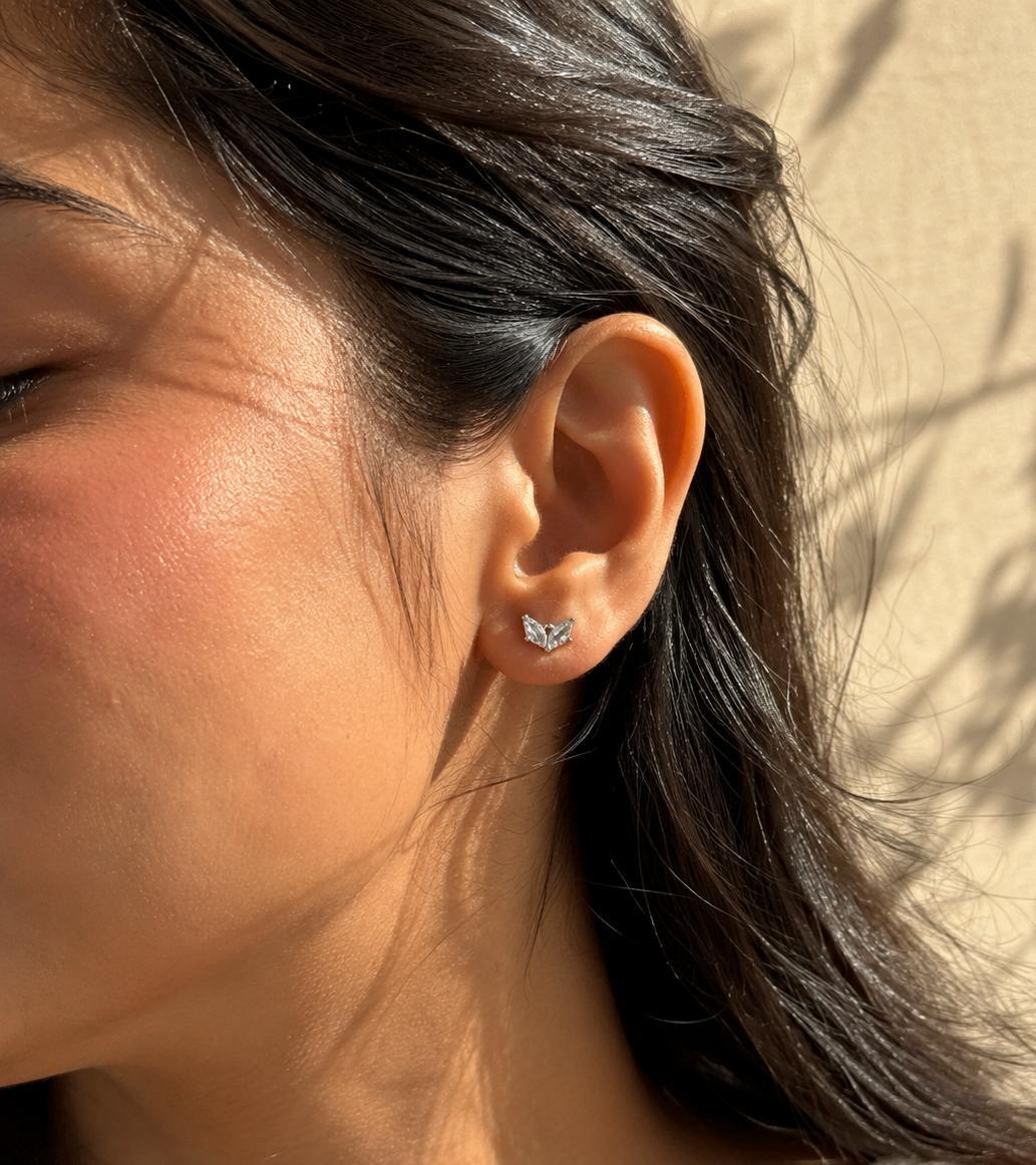 Anti Tarnish Marquise Crown Ball Back Studs - Ear View