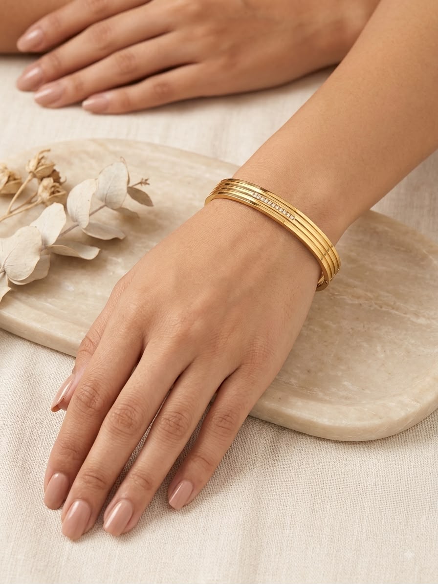 Anti tarnish small-size gold-colour multi-line kada with clear stones