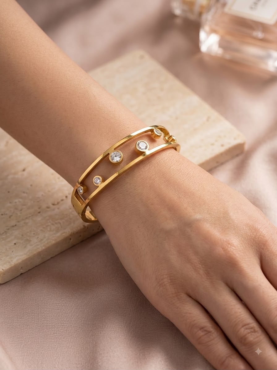 Anti tarnish small-size gold-colour kada with round clear stones