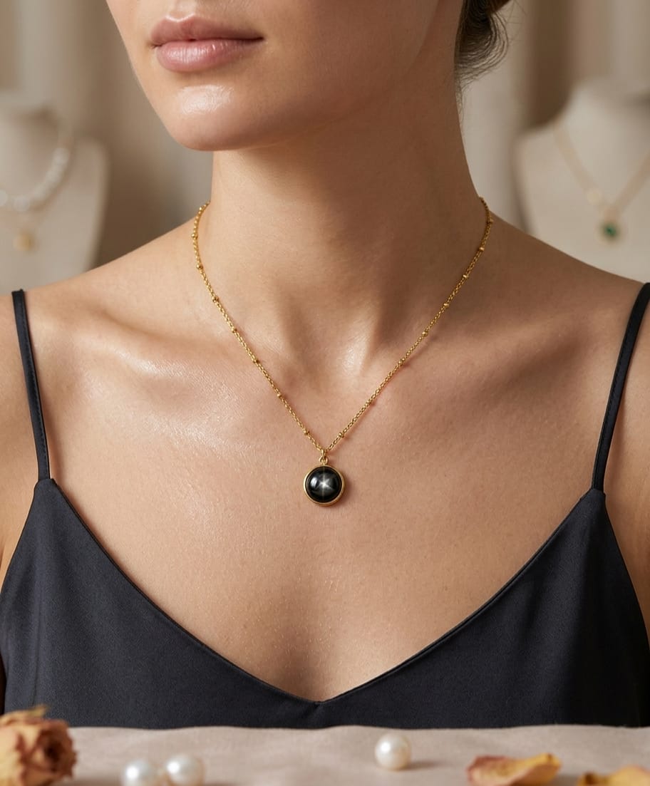 Anti Tarnish Women Black Round Pendant Necklace