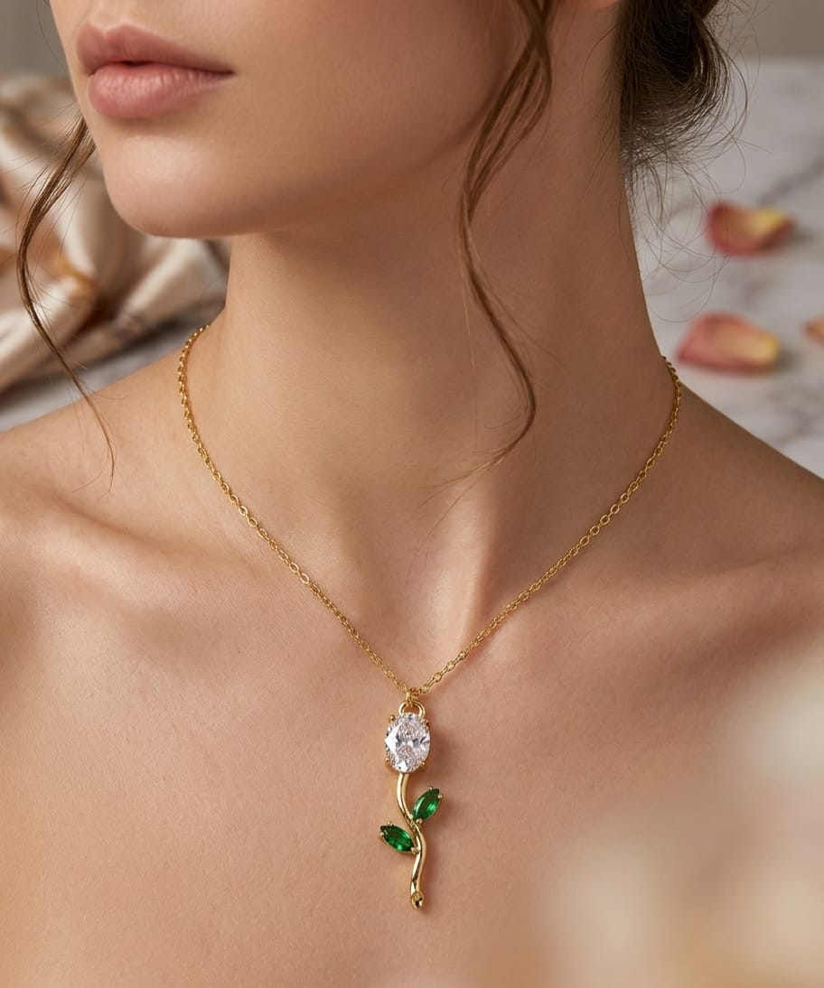 Anti Tarnish Women Emerald Flower Pendant Necklace