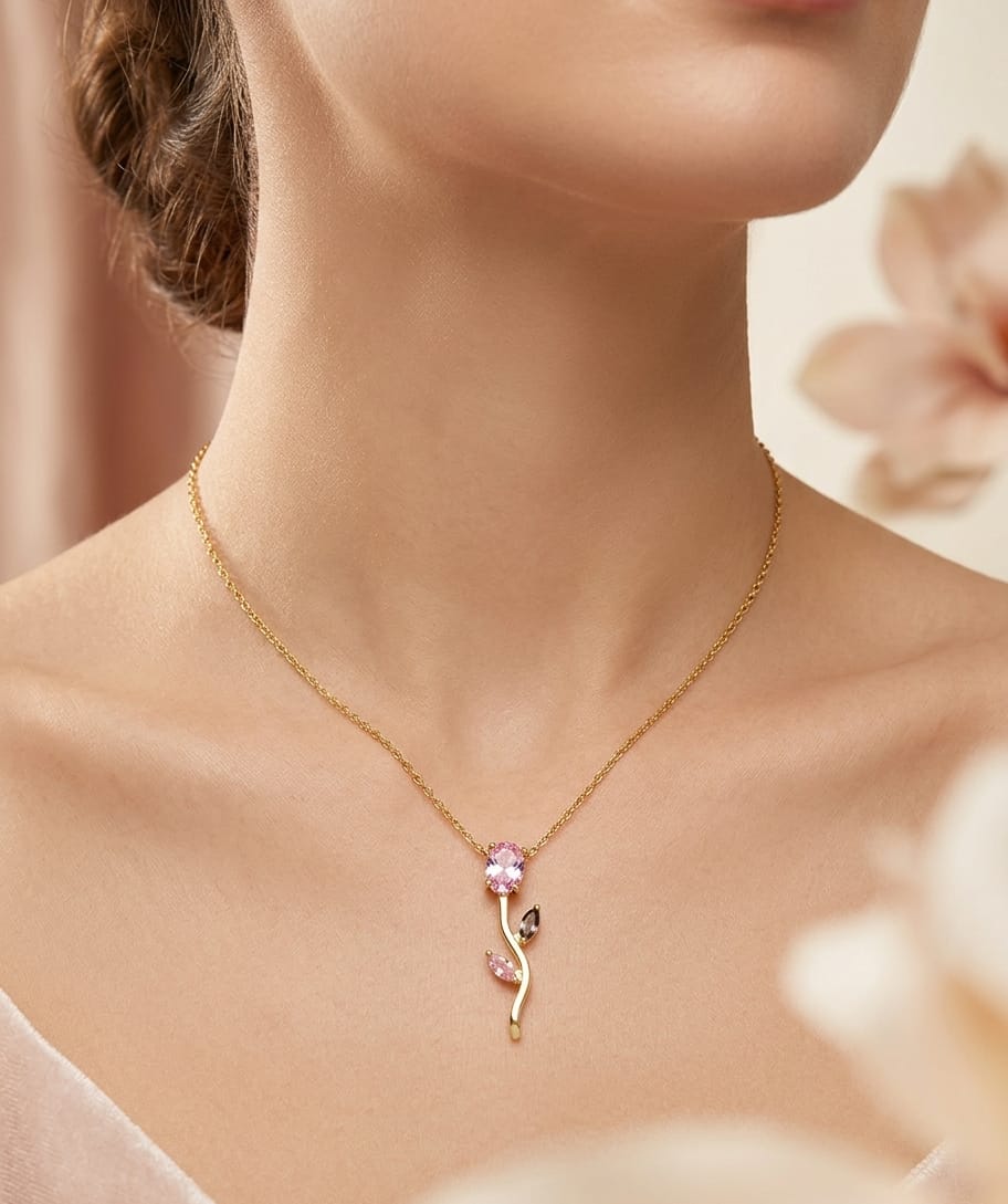 Anti Tarnish Women Pink Bloom Pendant Necklace