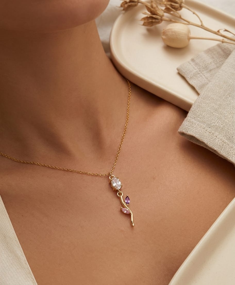 Anti Tarnish Women Pink Floral Branch Pendant Necklace
