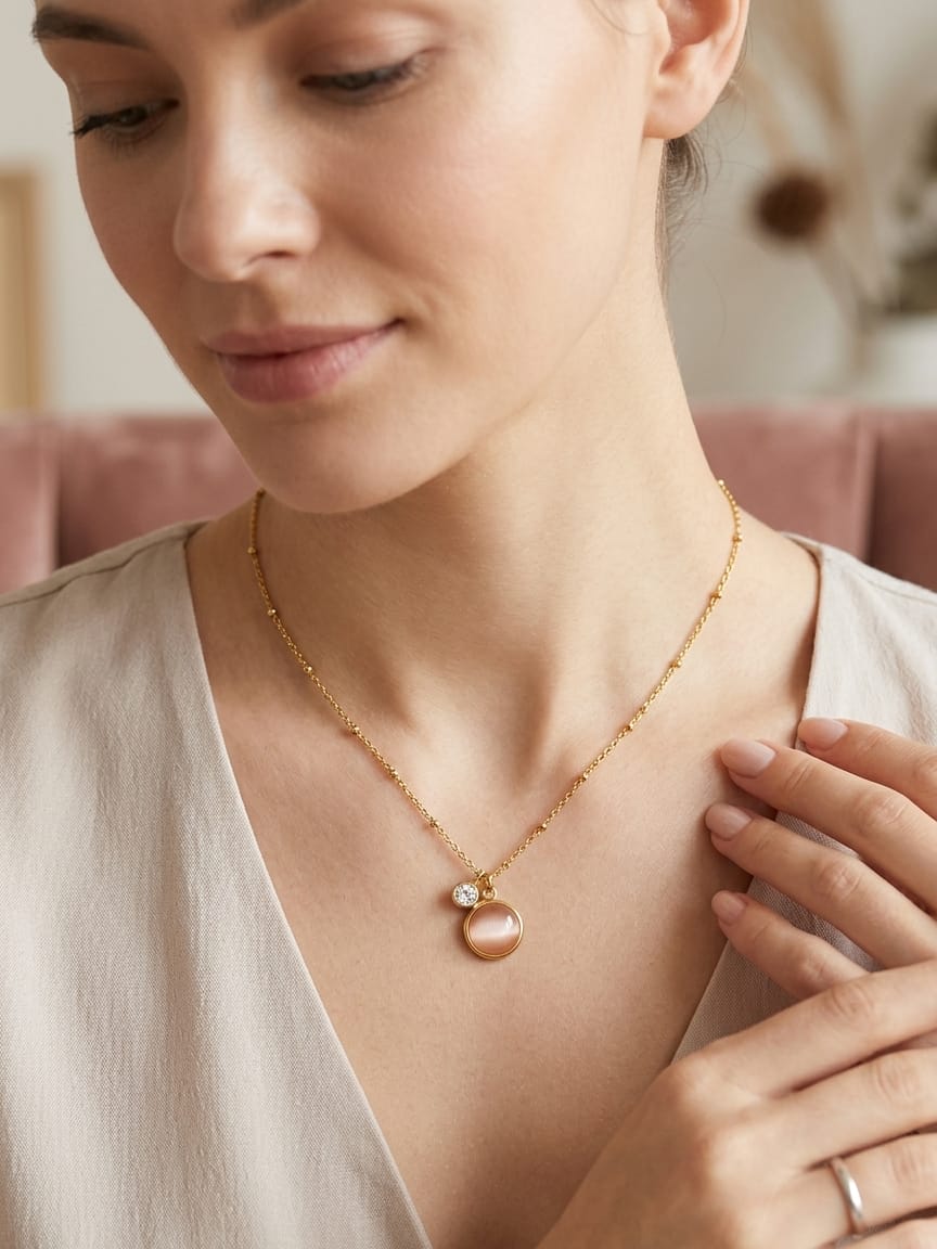 Anti Tarnish Women Pink Orb Pendant Necklace