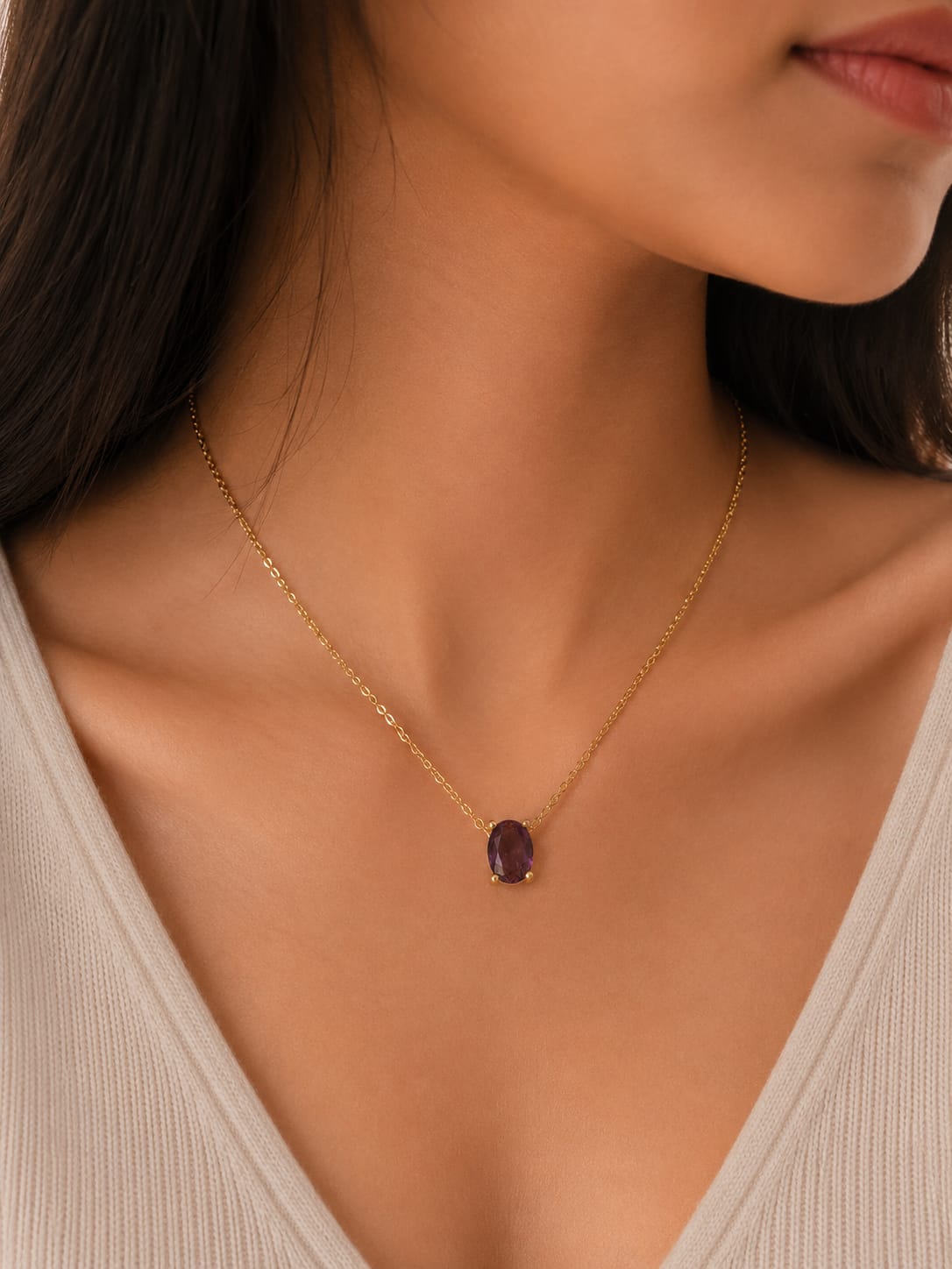 Anti Tarnish Women Purple Solitaire Pendant Necklace