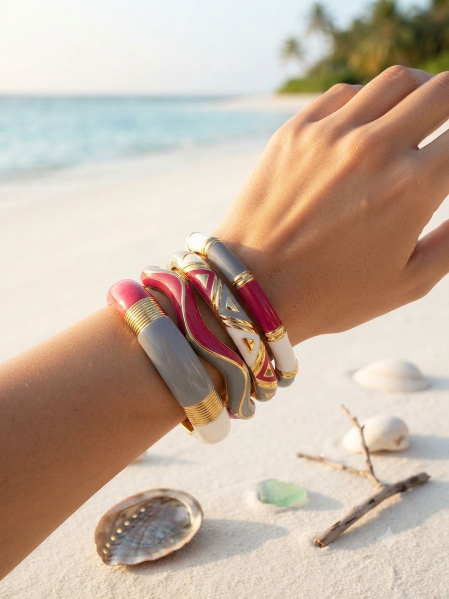 Women’s Designer Enamel Kada Stack of 4 - Pink & Grey