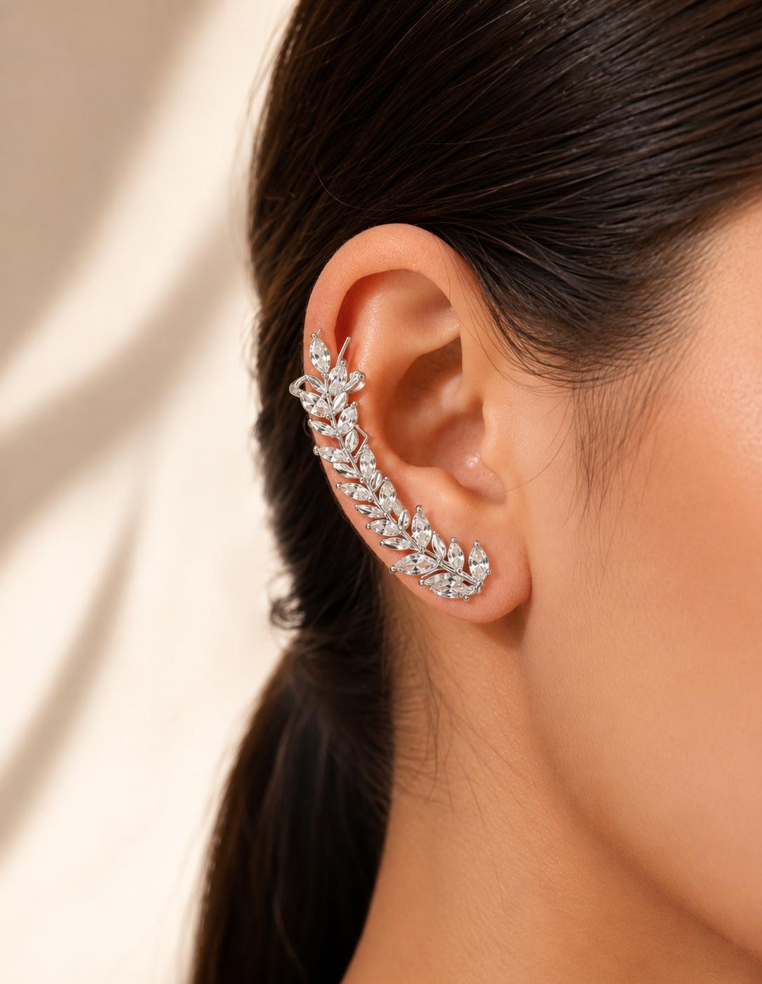 Women Silver Leaf Diamond Earcuff (Single Ear) (Pressed) - Nimé By Shop Trendys