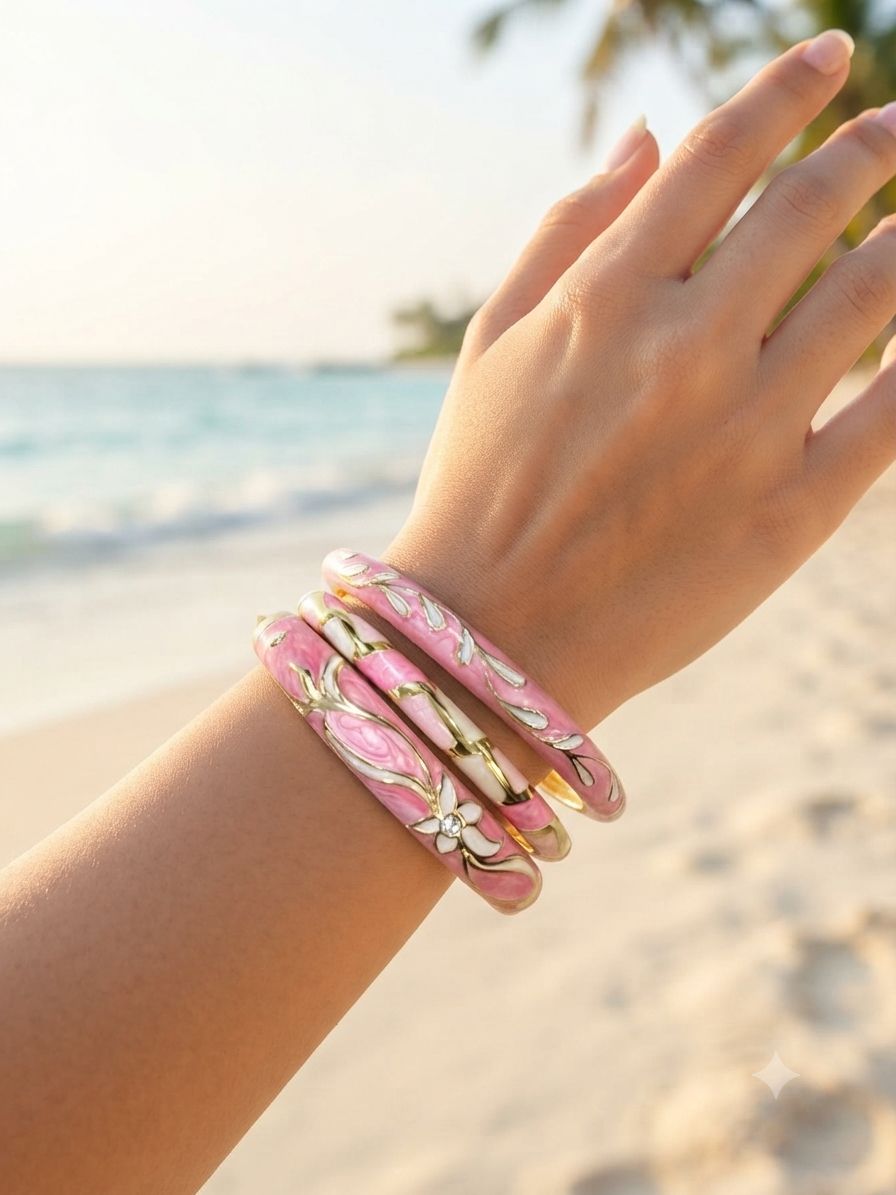 Women’s Floral Enamel Kada Stack of 3 - Pink Floral