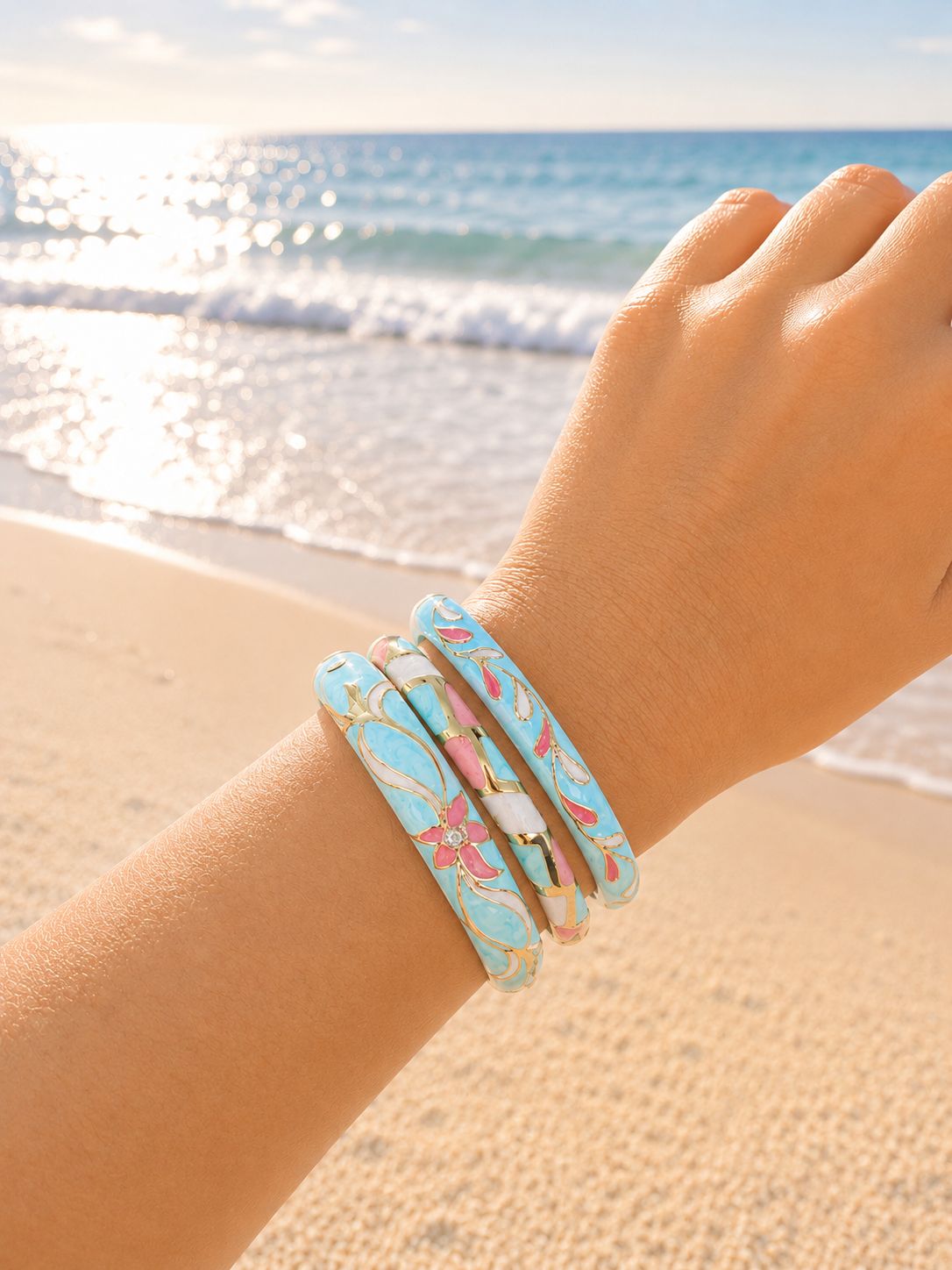 Women’s Floral Enamel Kada Stack of 3 - Aqua Pink Floral