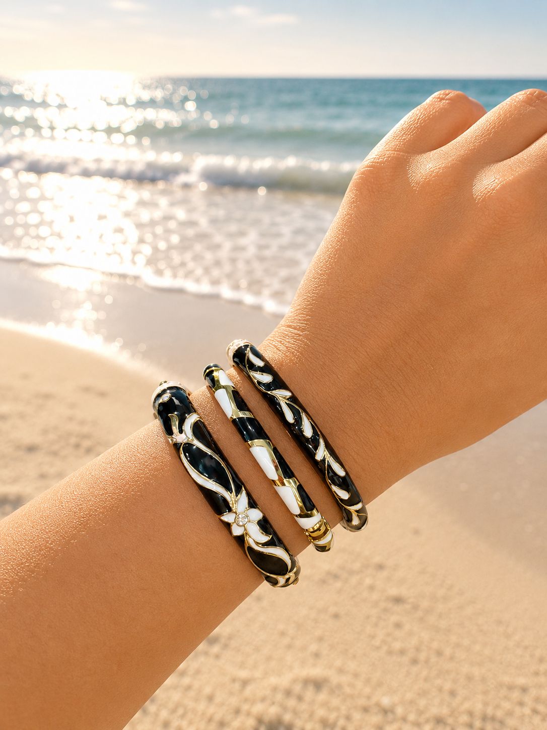 Women’s Floral Enamel Kada Stack of 3 - Black & White Floral
