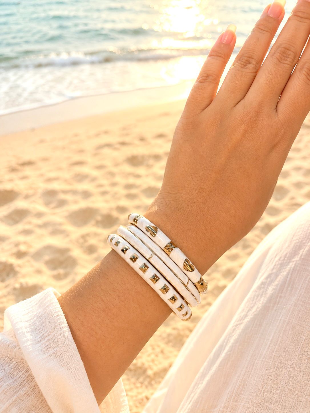 Women’s Geometric Enamel Kada Stack of 3 - Ivory White