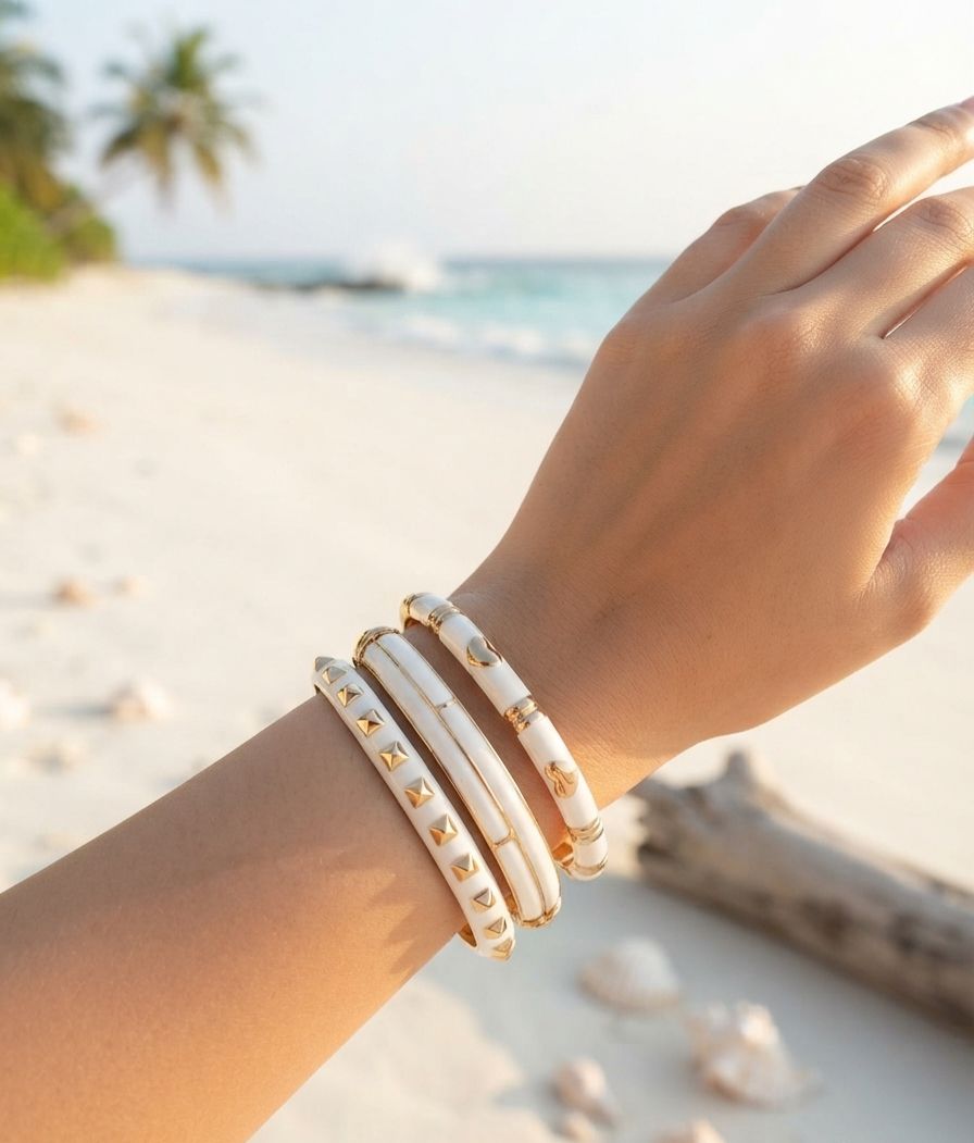Women’s Geometric Enamel Kada Stack of 3 - Ivory White