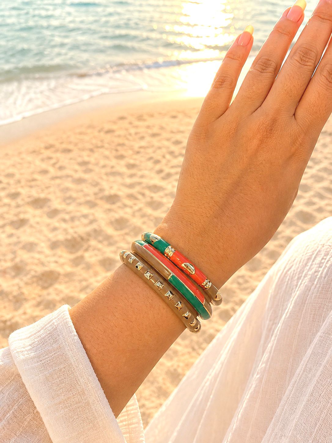 Women’s Geometric Enamel Kada Stack of 3 - Coral Green
