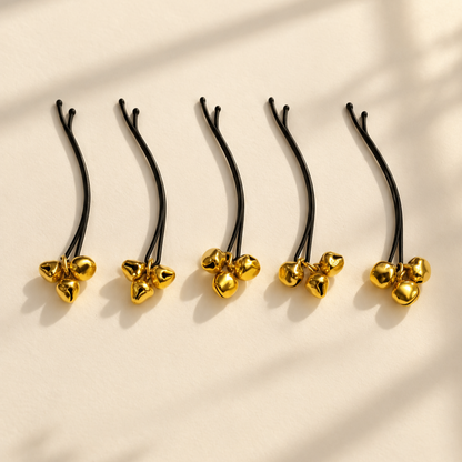 Five gold bead cluster hair pins displayed individually