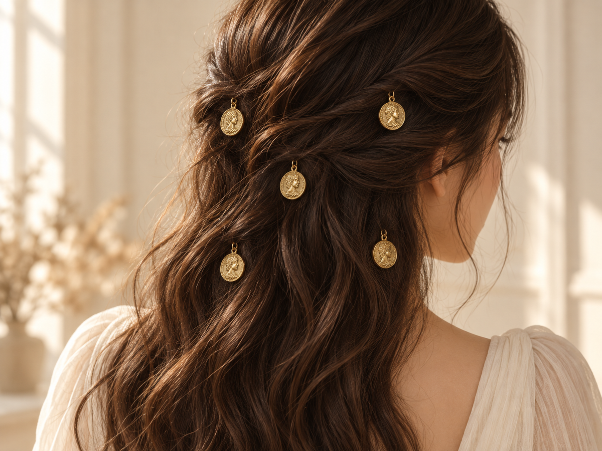 Gold coin charm hair pins styled in hair