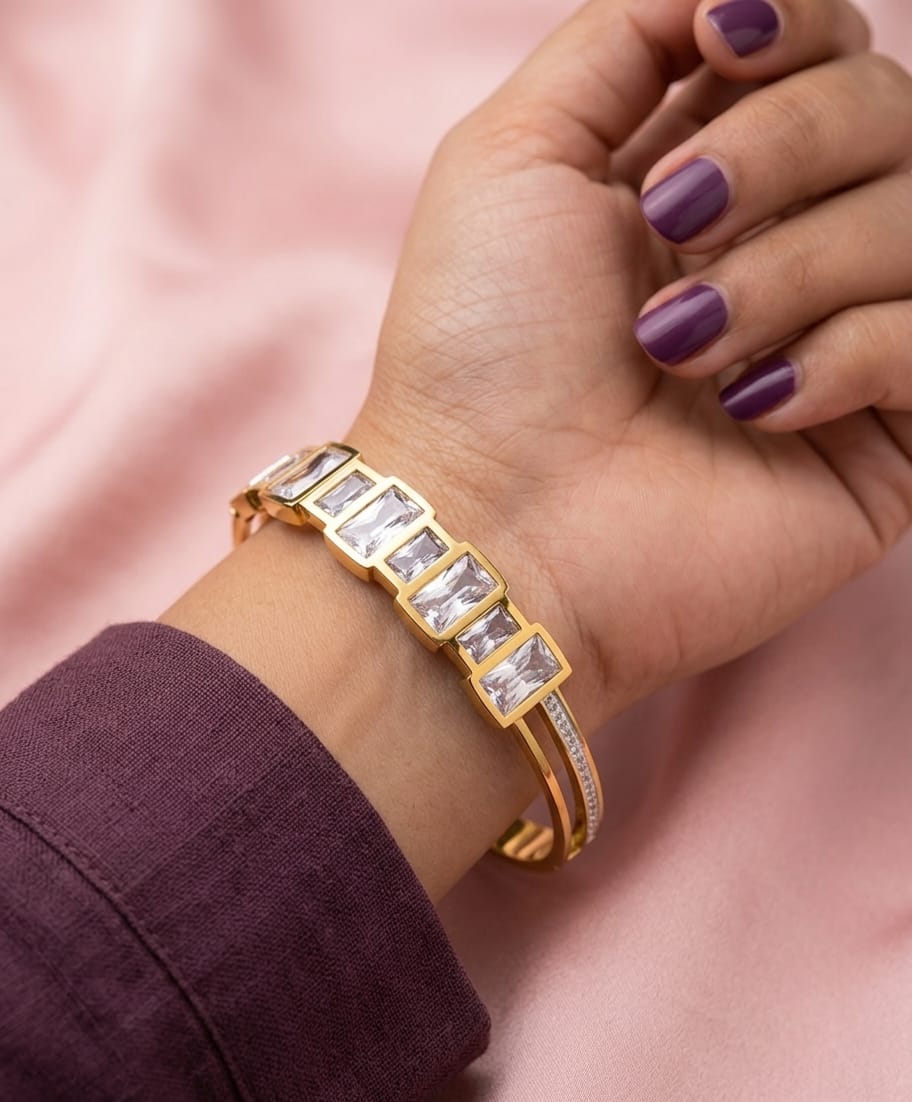 Gold-colour cuff bracelet with rectangular clear stones