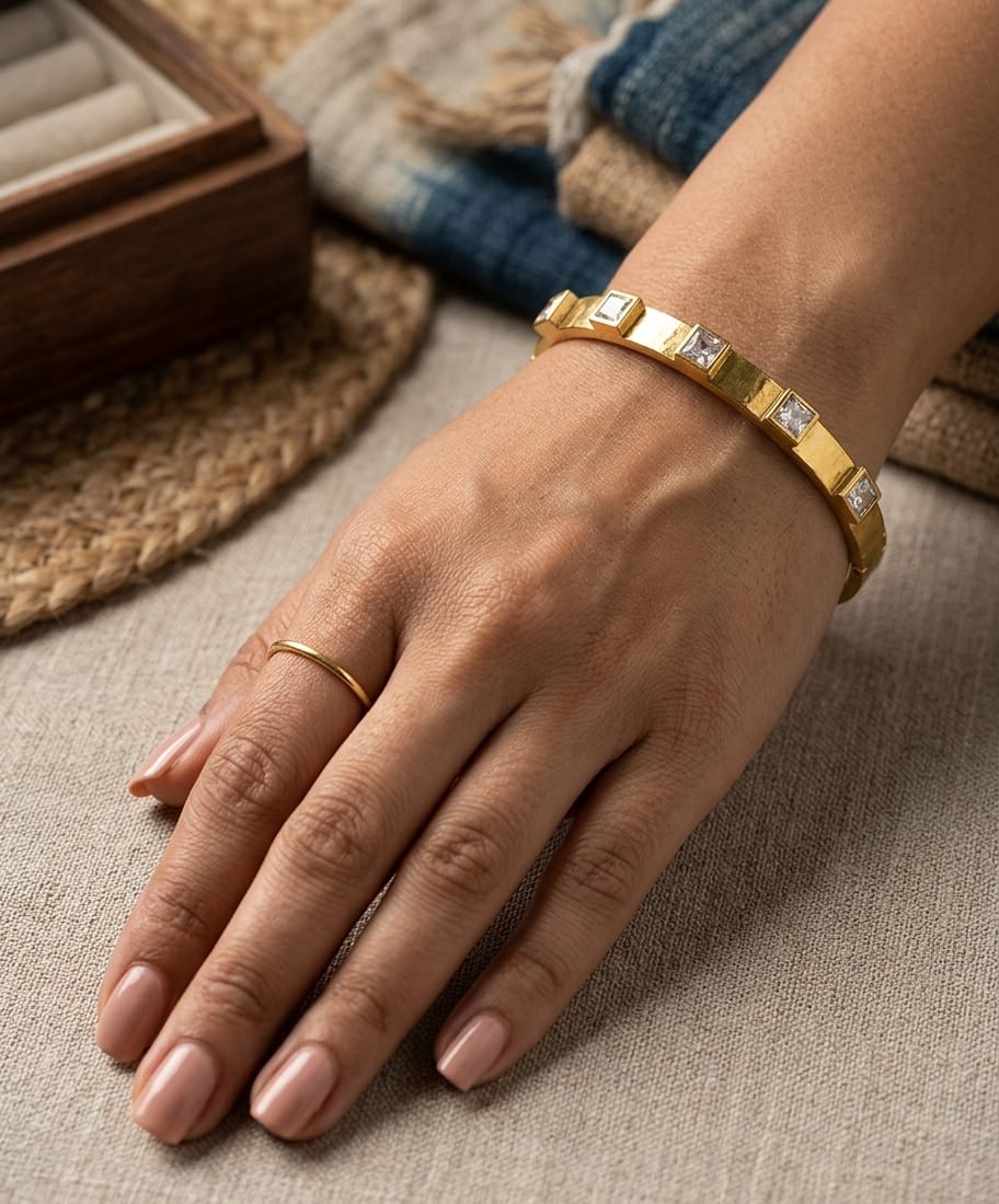 Gold-colour cuff bracelet with square clear stones