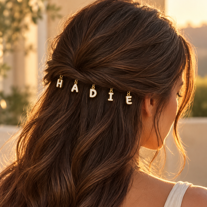 HADIE letter hair pins styled in hair