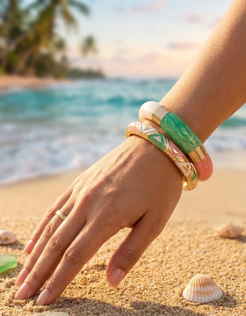 Women’s Green Pink Enamel Kada (Stack of 2)