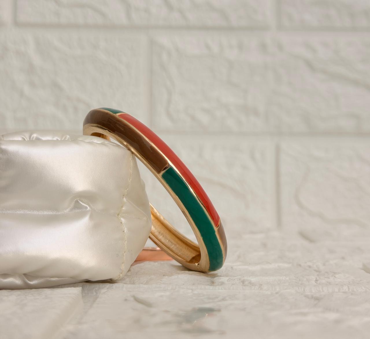 Linear Colour Block Enamel Kada - Coral Green Brown