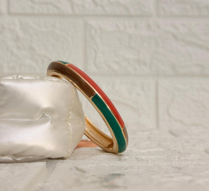 Linear Colour Block Enamel Kada - Coral Green Brown
