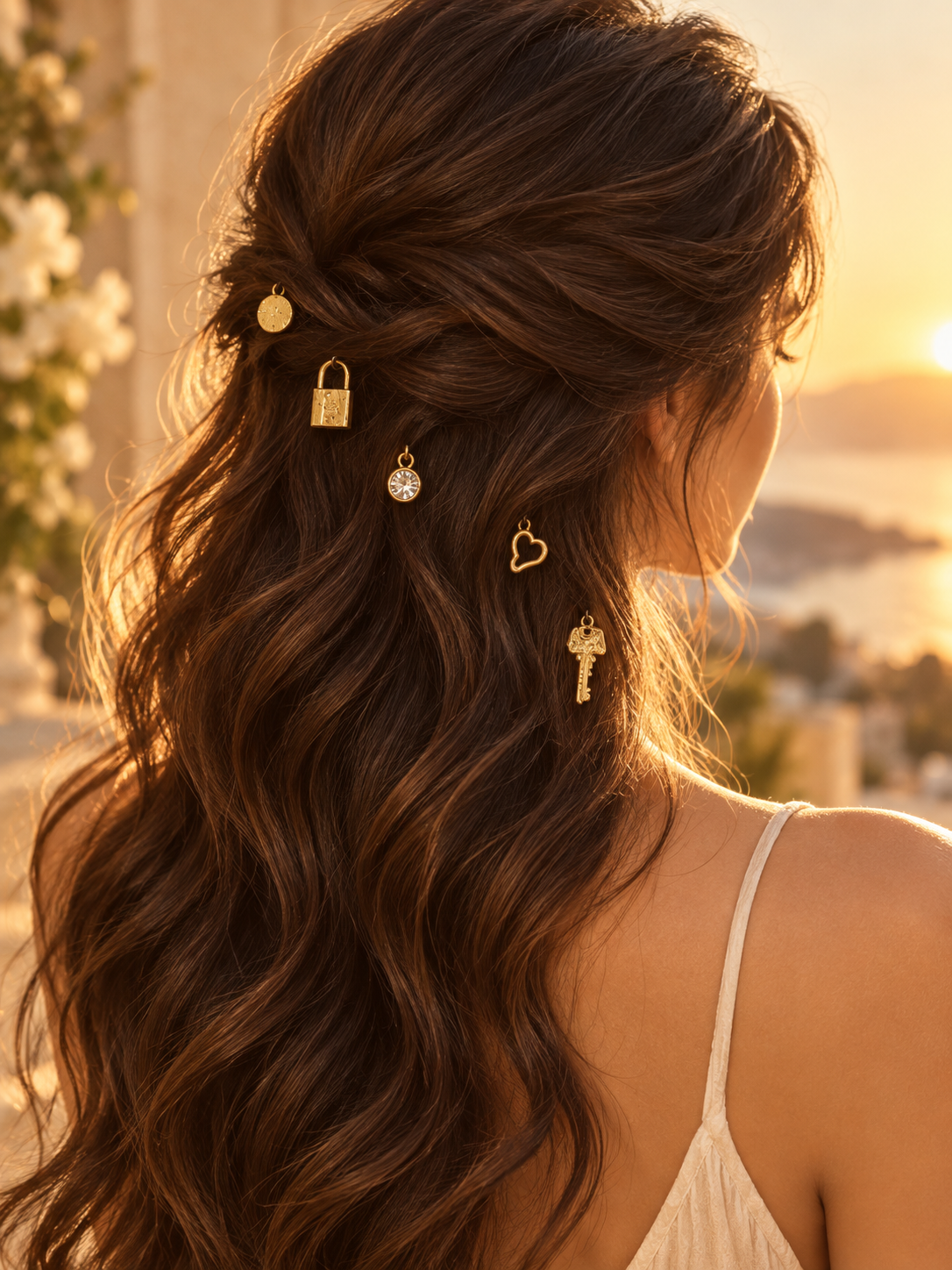 Gold lock and key charm hair pins styled in hair