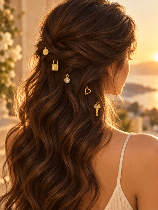 Gold lock and key charm hair pins styled in hair