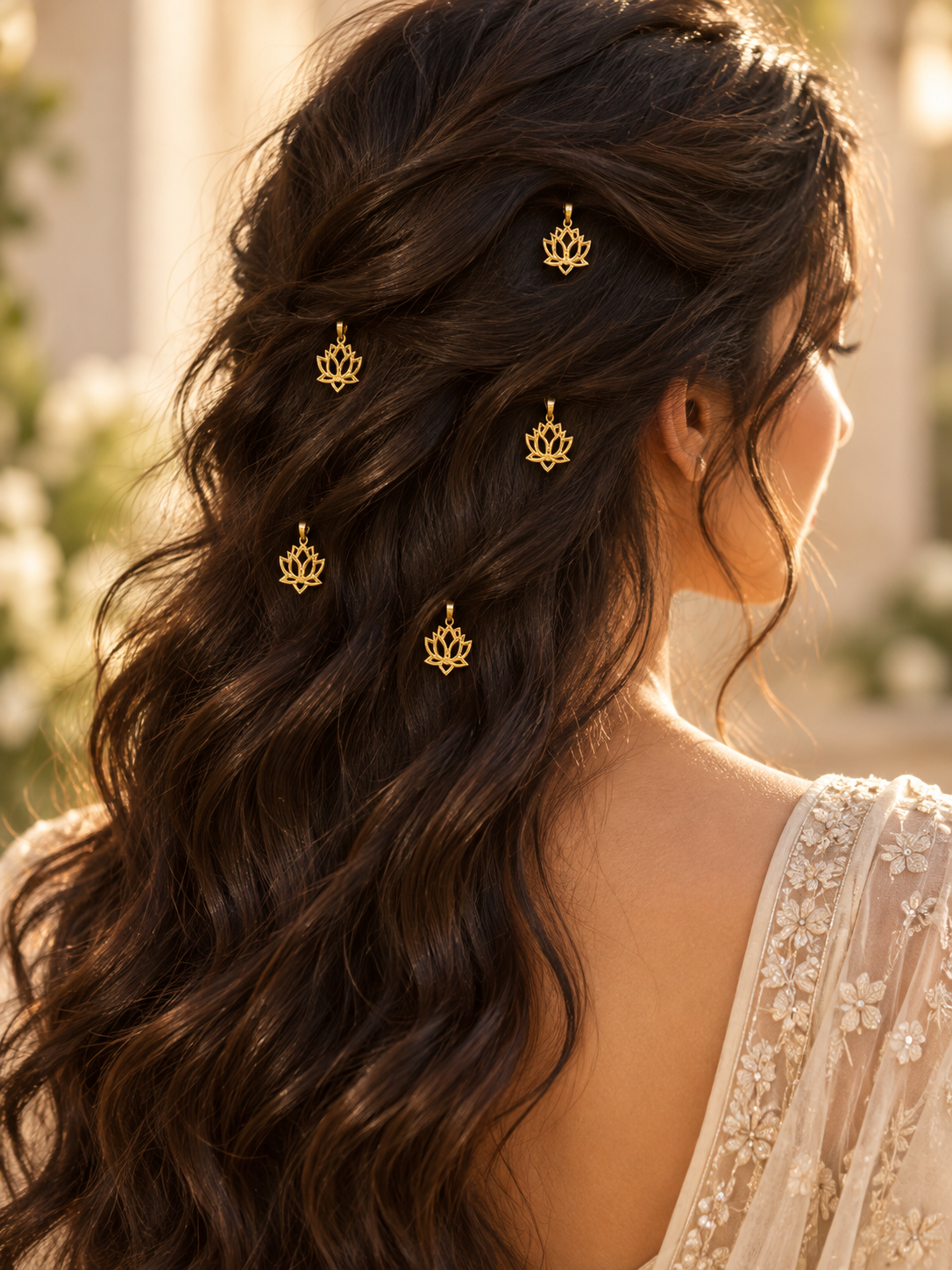 Gold lotus charm hair pins styled in hair