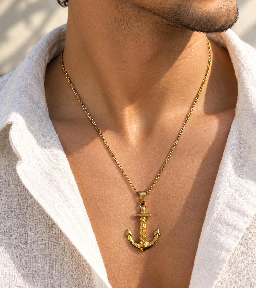 Men Golden Anchor Stainless Steel Pendant Necklace (Anti Tarnish)