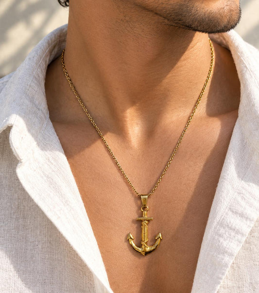 Men Golden Anchor Stainless Steel Pendant Necklace (Anti Tarnish)
