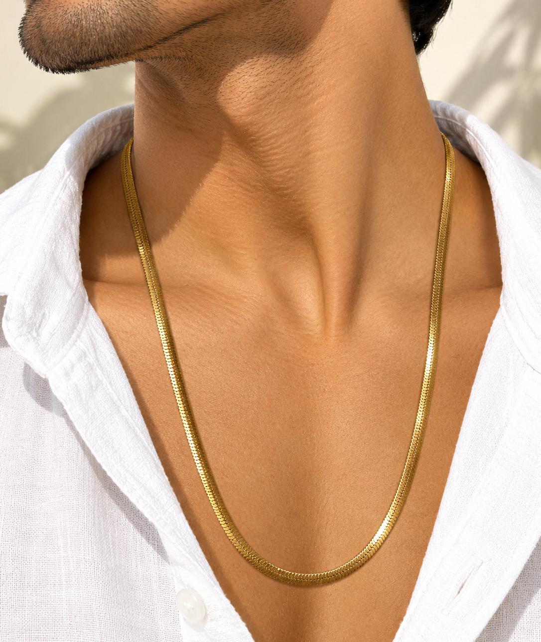 Men Golden Broad Herringbone Stainless Steel Chain Necklace (Anti Tarnish)