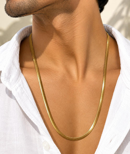 Men Golden Broad Herringbone Stainless Steel Chain Necklace (Anti Tarnish)