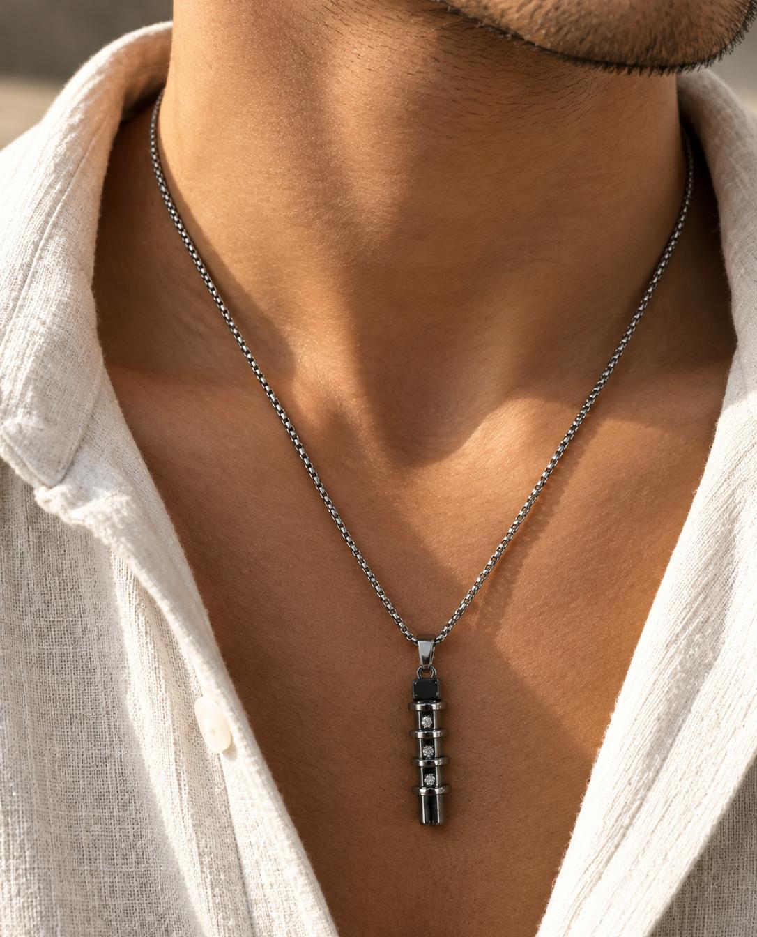 Men Silver Black Cylinder Stainless Steel Pendant Necklace (Anti Tarnish)