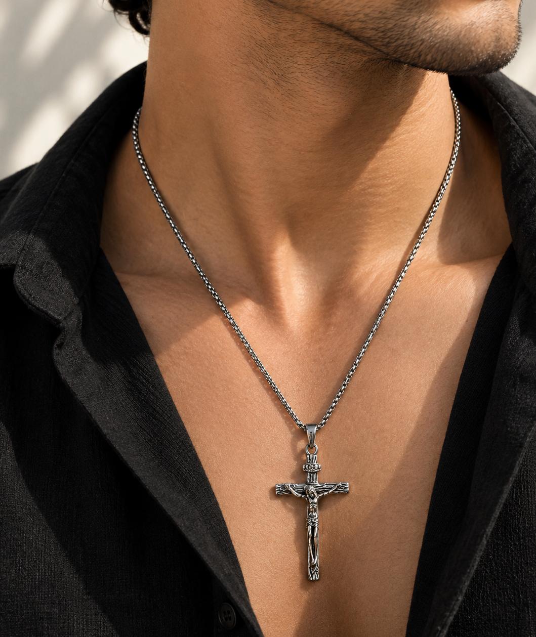 Men Silver Crucifix Stainless Steel Pendant Necklace (Anti Tarnish)
