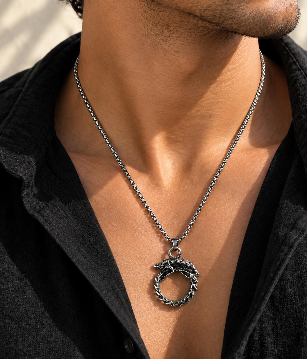 Men Silver Double Dragon Stainless Steel Pendant Necklace (Anti Tarnish)