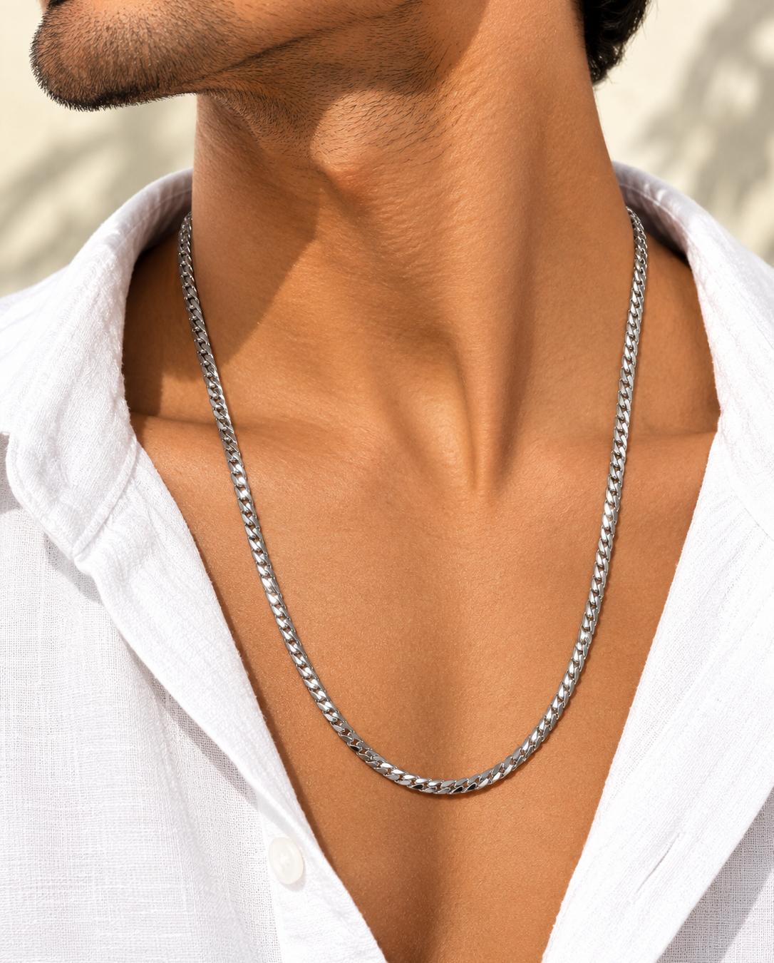 Men Silver Flat Curb Stainless Steel Chain Necklace (Anti Tarnish)