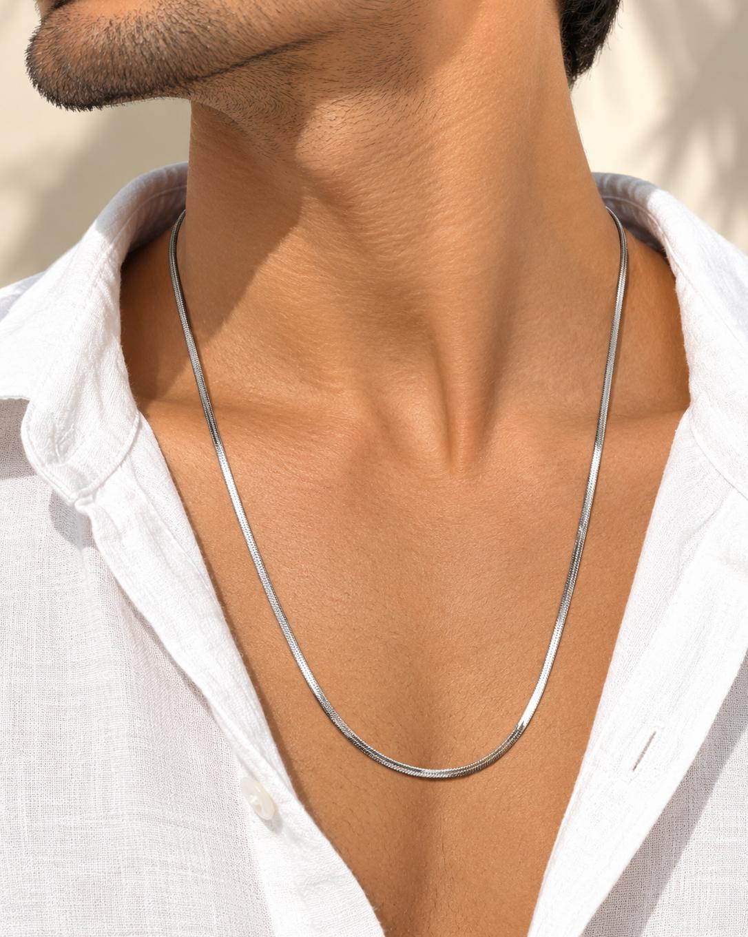 Men Silver Herringbone Stainless Steel Chain Necklace (Anti Tarnish)