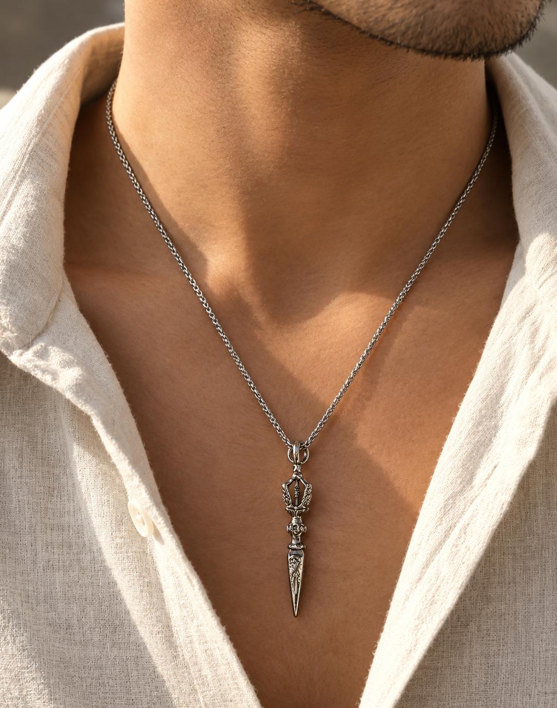 Men Silver Ornate Dagger Stainless Steel Pendant Necklace (Anti Tarnish)