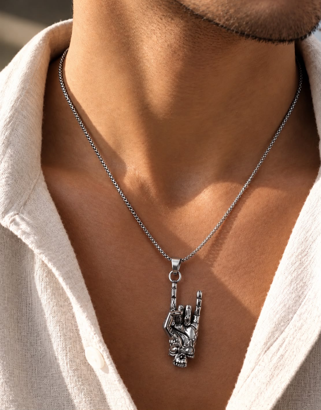 Men Silver Rock Hand Skull Stainless Steel Pendant Necklace (Anti Tarnish)