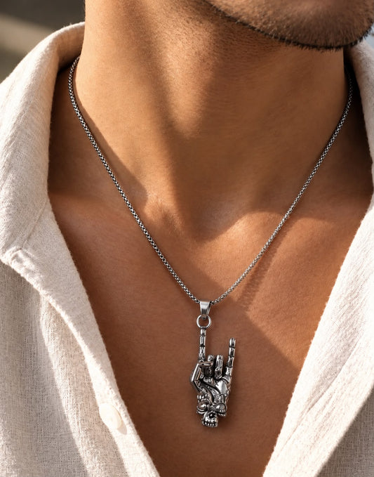 Men Silver Rock Hand Skull Stainless Steel Pendant Necklace (Anti Tarnish)