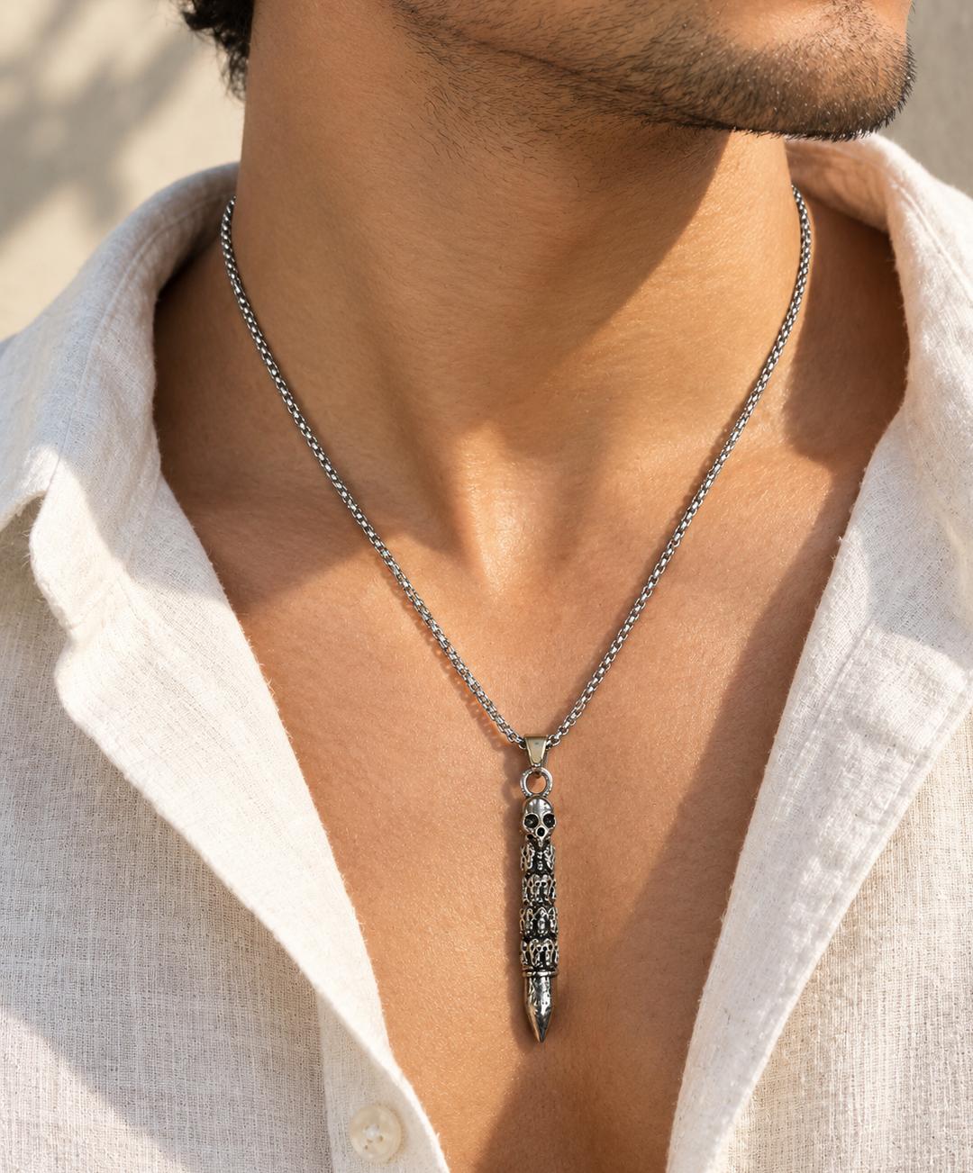 Men Silver Skull Bullet Stainless Steel Pendant Necklace (Anti Tarnish)