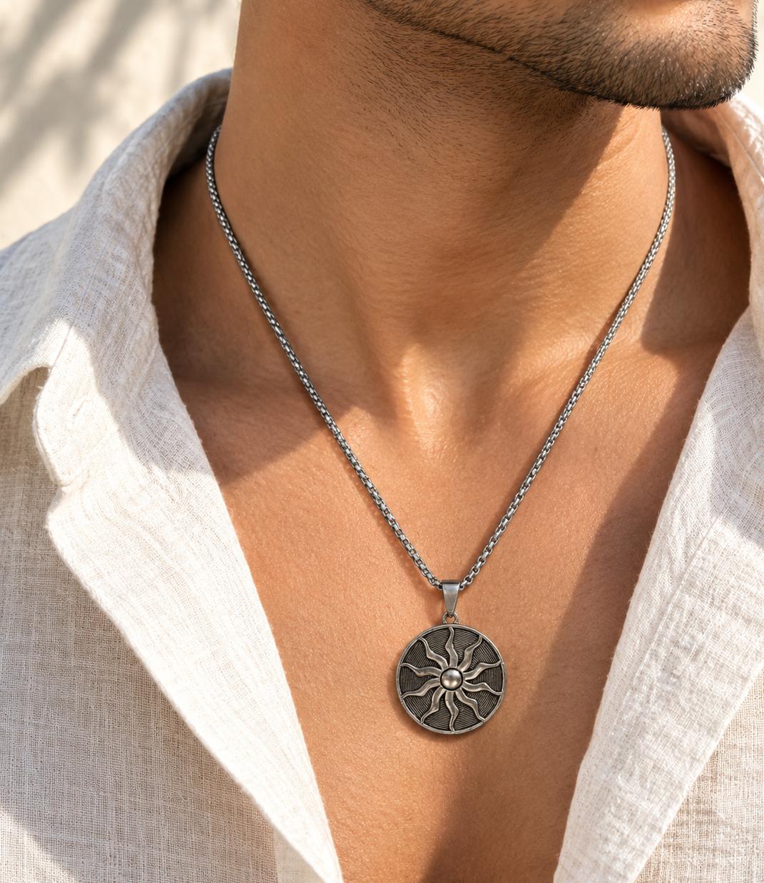 Men Silver Sun Medallion Stainless Steel Pendant Necklace (Anti Tarnish)
