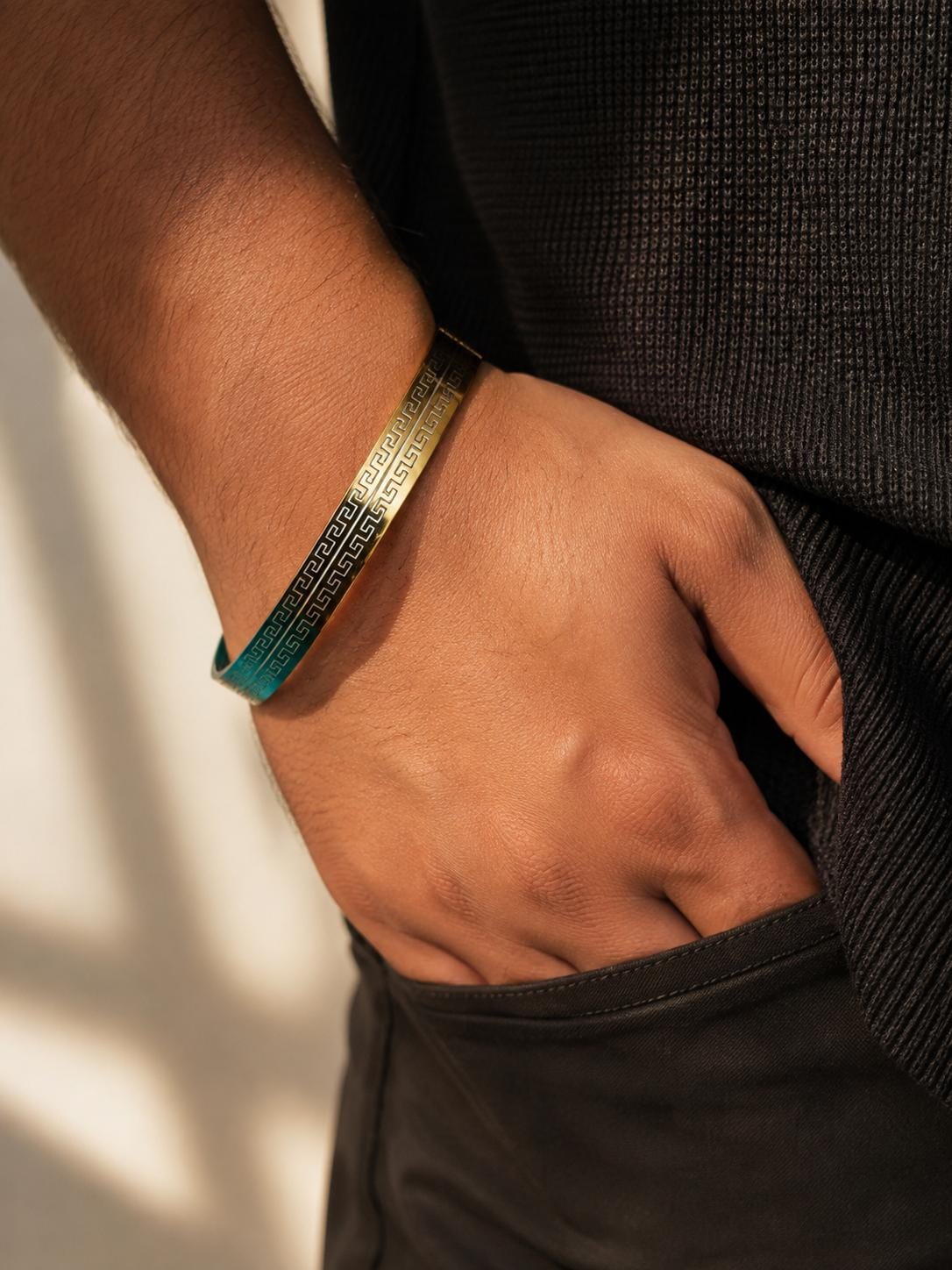Men's black and gold Greek key kada bracelet