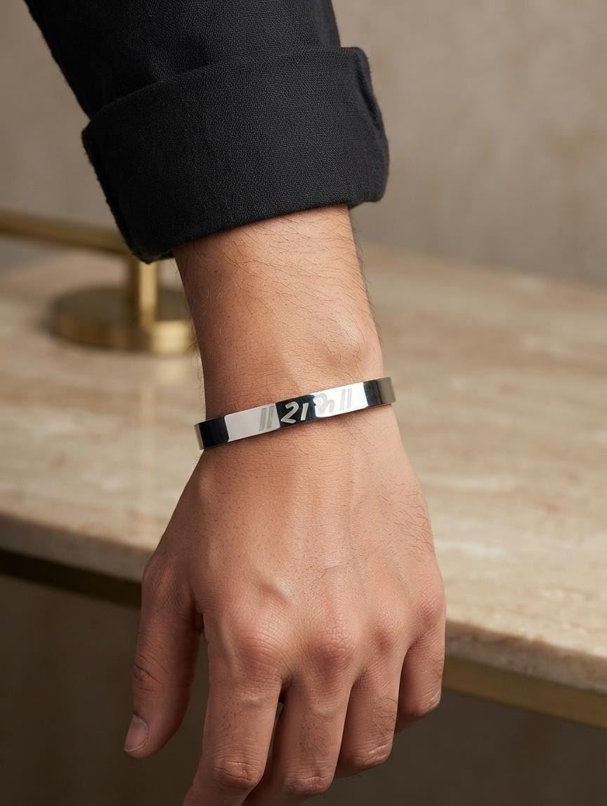 Men's silver-colour number design kada bracelet