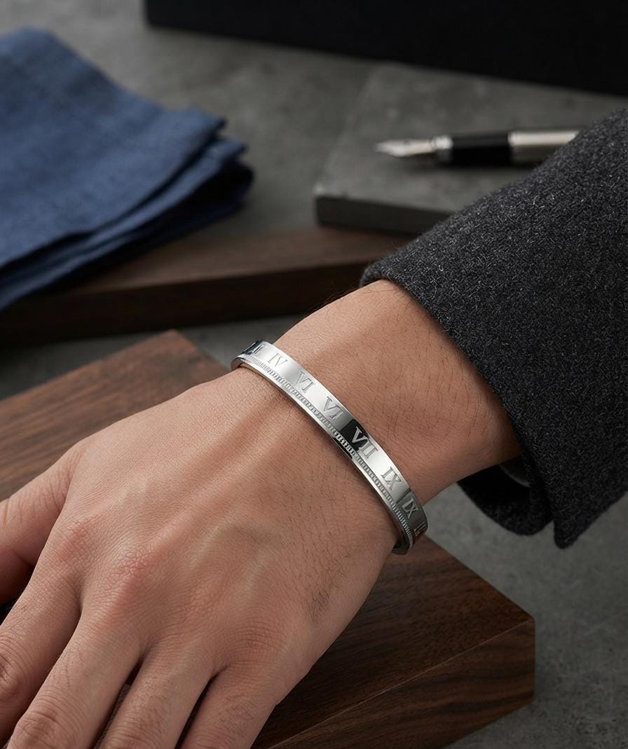 Men's silver-colour Roman numeral kada bracelet